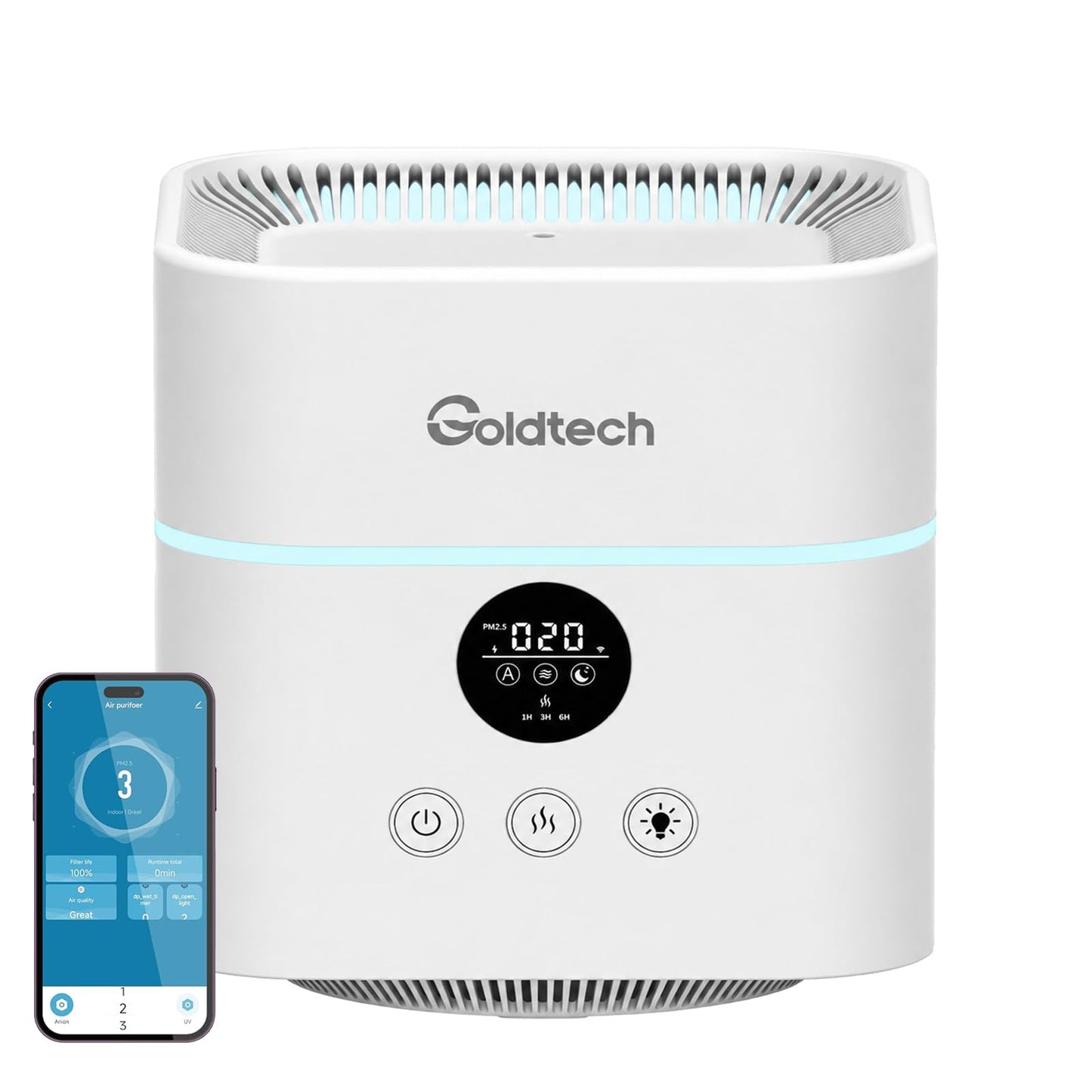 Goldtech Air Purifier and Humidifier Combo for Bedroom Up to 200Ft²,H13 True HEPA Filter Desk Air Purifiers with Smart WiFi,500ML Water Tank,LED