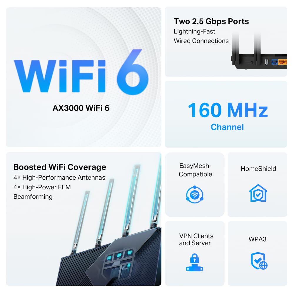 TP-Link AX3000 WiFi 6 Router (Archer AX55 Pro) - Multi Gigabit Wireless Internet, 2 x 2.5 Gbps Ports, Dual Band, VPN Router, OFDMA, MU-MIMO, USB 3.0
