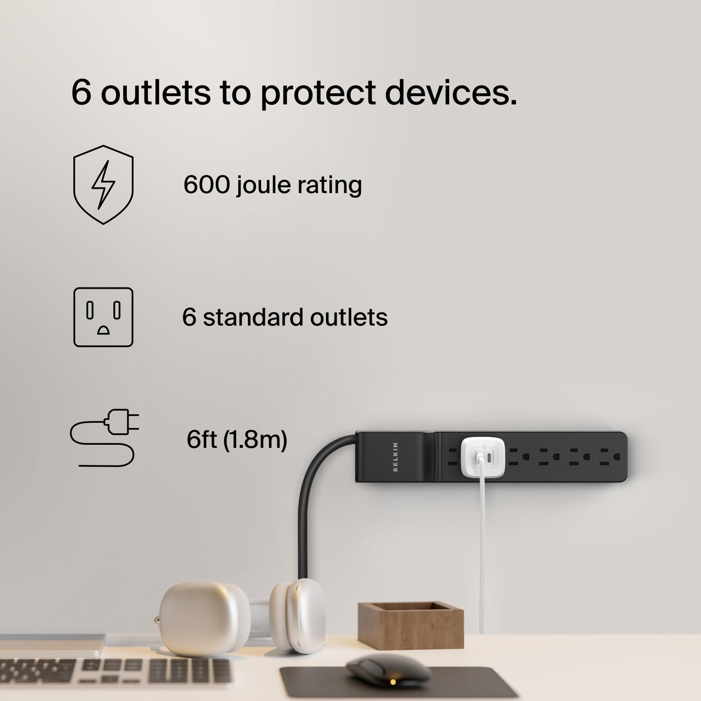 Belkin Surge Protector Power Strip with 6 AC Outlets, 6ft/1.8M Long Heavy-Duty Extension Cord, & 360-Degree Rotating AC Plug for Conference Rooms