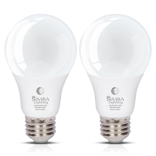Simba Lighting LED A19 Dusk to Dawn 6W 120V Outdoor Bulbs E26 5000K, 2 Pack