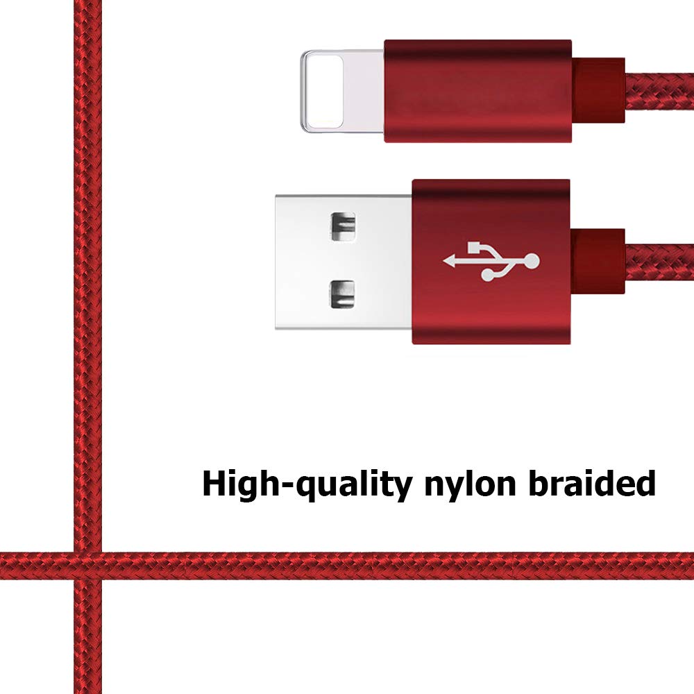 RoFI Compatible Phone Cable, 2FT Nylon Braided Fast Charging USB Cord Replacement - 2 Pack (Red, 2 FT) for X, 8, 7, 6, 5, 5S, 5C, SE, Pad Air, Mini