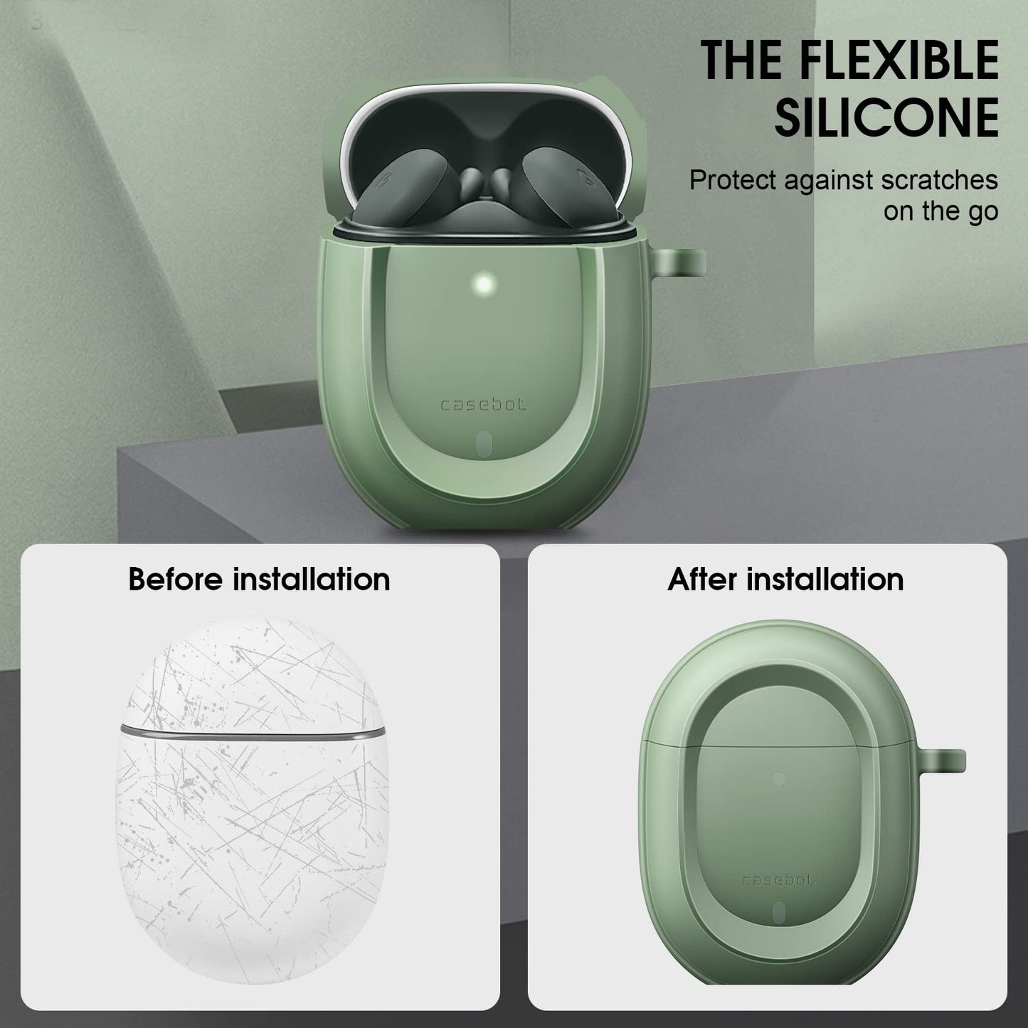 CaseBot Case Cover for Pixel Buds A-Series 2021 and Pixel Buds 2 (2020), Rugged Shield Protective Skin [Front LED Visible](Sage Green)