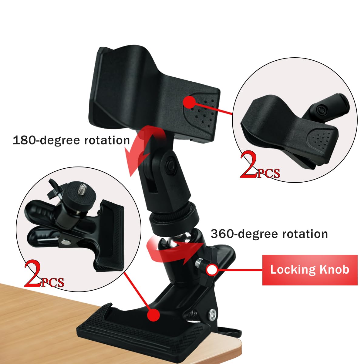 Mic Clips for Stands Set Trumpet 360 degree Wireless MicClamp for Mic Stands Accessories 1/4-inch Mount Black 2 Pieces