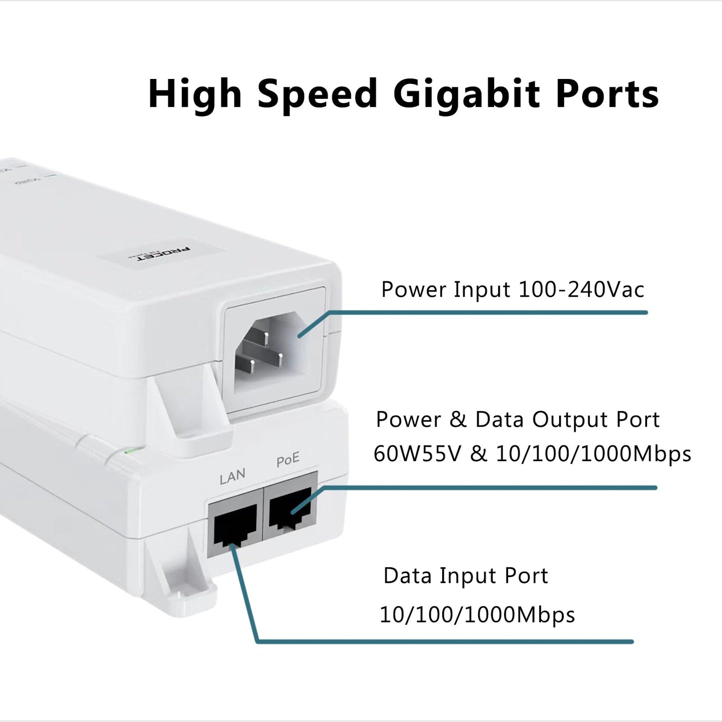 Gigabit PoE++ Injector 60W IEEE802.3bt/at/af Compliant, Supplies 15.4W or 30W or 60W Power Over Ethernet Distances Up to 328ft, PoE Injector Adapter