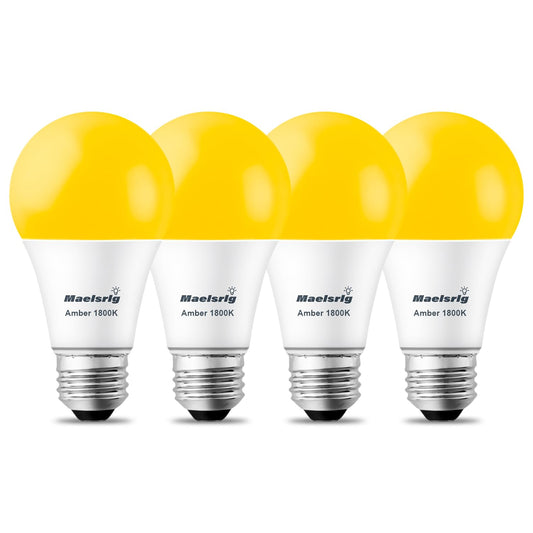 Maelsrlg A19 Warm Sleep Light Bulb, 9W(60W Equivalent), 1800K Amber, Dimmable, E26 Base, Soft Yellow Light Bulbs, 800 Lumen, 120V, 4-Pack