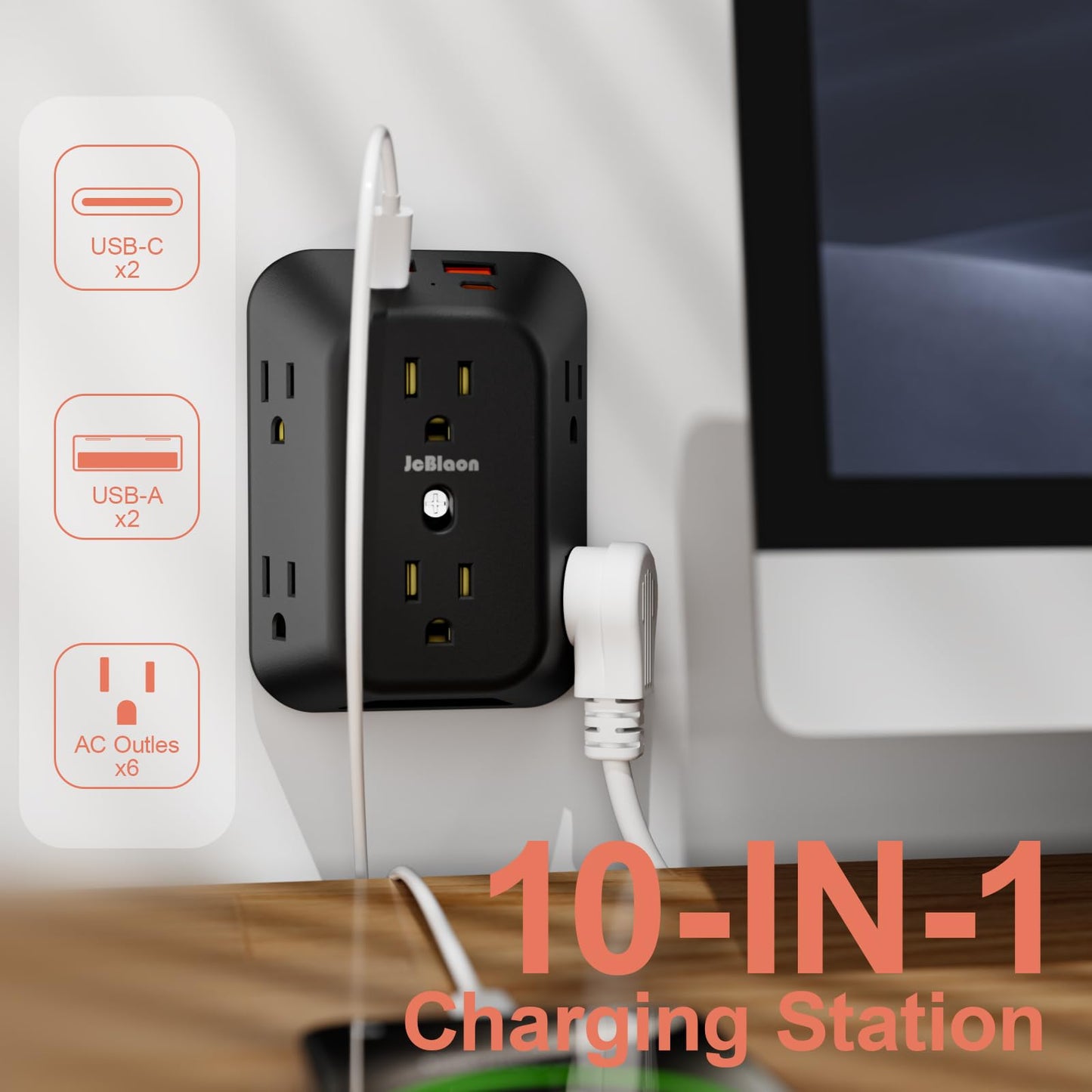 USB Wall Charger Electrical Outlet Extender, Surge Protector, 6 Outlet Splitter with 4 USB Outlet (2USB A, 2USB C) 4-Sided 1050J Power Strip Multi