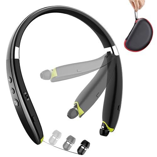BEARTWO Bluetooth Headphones, Upgraded Foldable Wireless Neckband Headset with Retractable Earbuds, Noise Cancelling Stereo Earphones with Mic