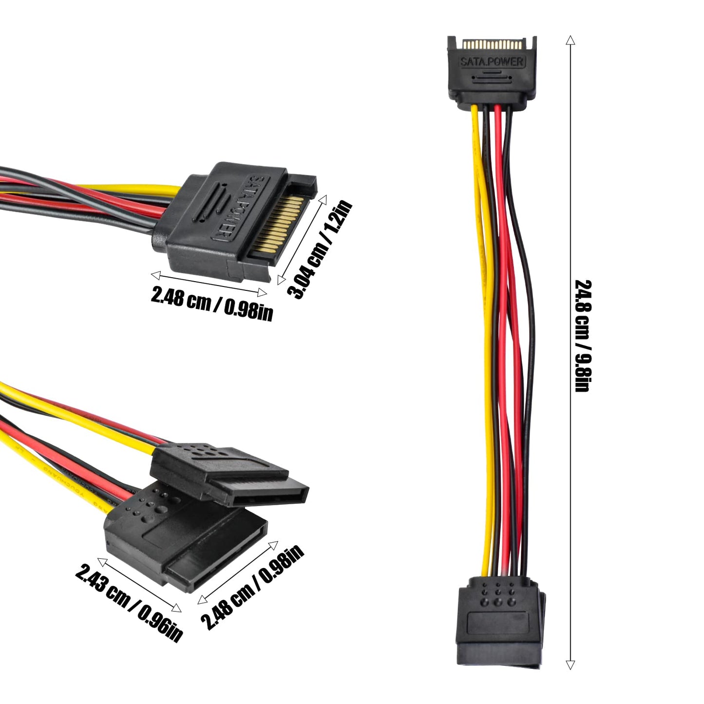 AccEncyc 3 Pack SATA Power Splitter - 15 Pin Extension Cable, 9.8 Inch, Supports HDD & SSD