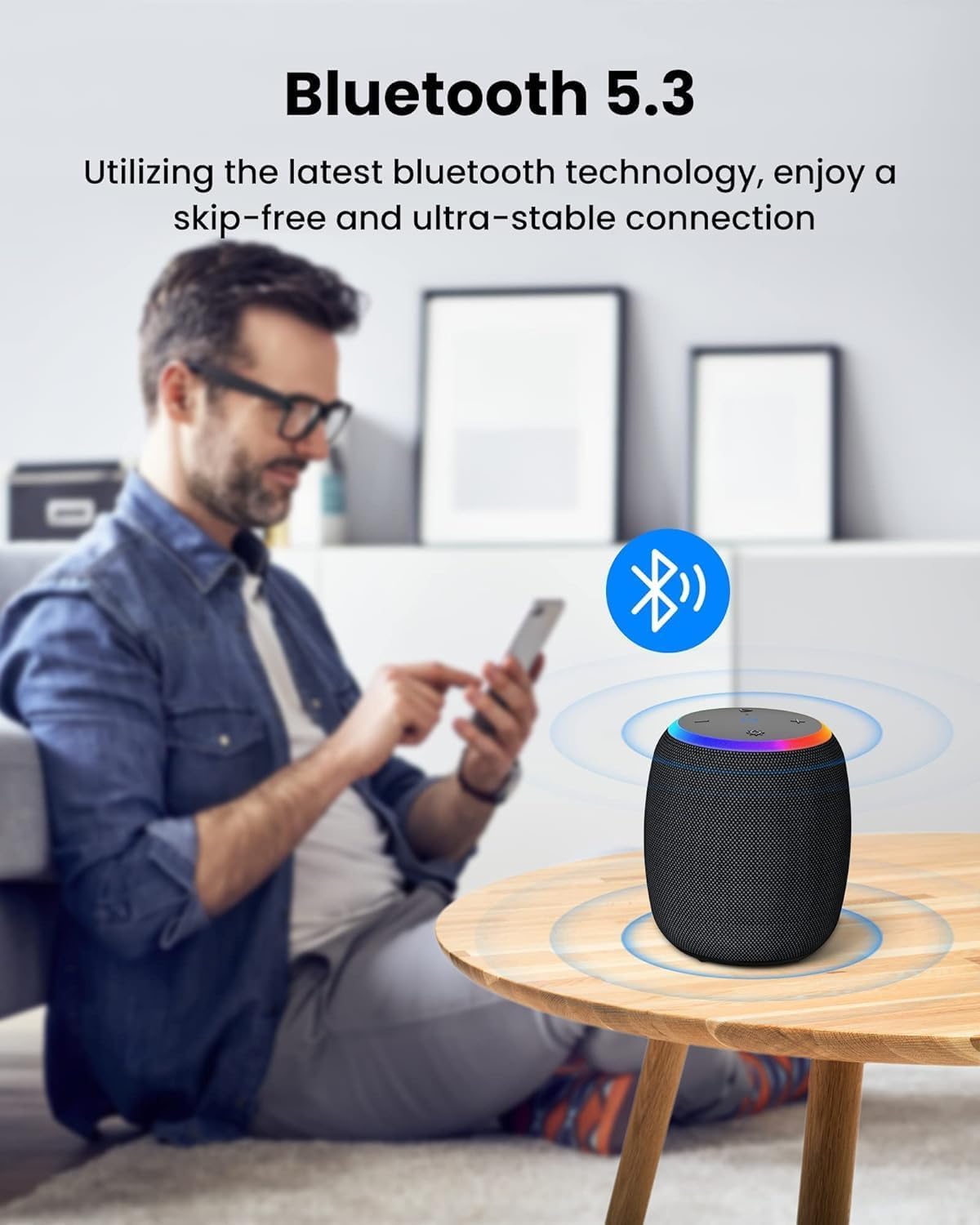 ZICOROOP Bluetooth Speaker, Portable Wireless Bluetooth 5.3, 15W Clear Bass, IPX6 Waterproof, LED Lights, AUX/TF/USB, Dual TWS Pairing, 12H Playtime