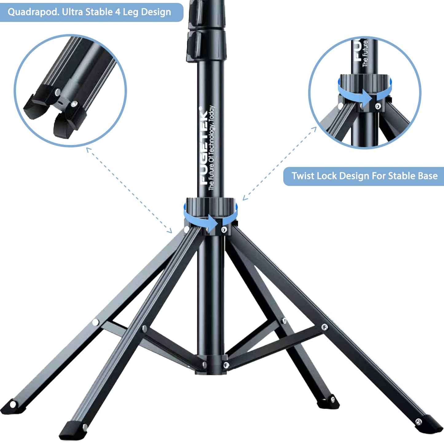 Fugetek 62" Selfie Stick Tripod for iPhone, Stable 4 Leg Design, Bluetooth Remote, Aluminum Stick & Legs, Lightweight, Portable All in One, Compatible