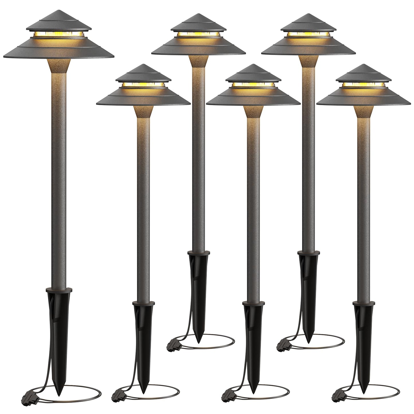 GOLDEN STAR Low Voltage Pathway Lights, 2W 70LM 12V Two-Tier Pagoda Landscape Lighting, 2700K Warm White Outdoor Walkway Garden Lights with Connectors