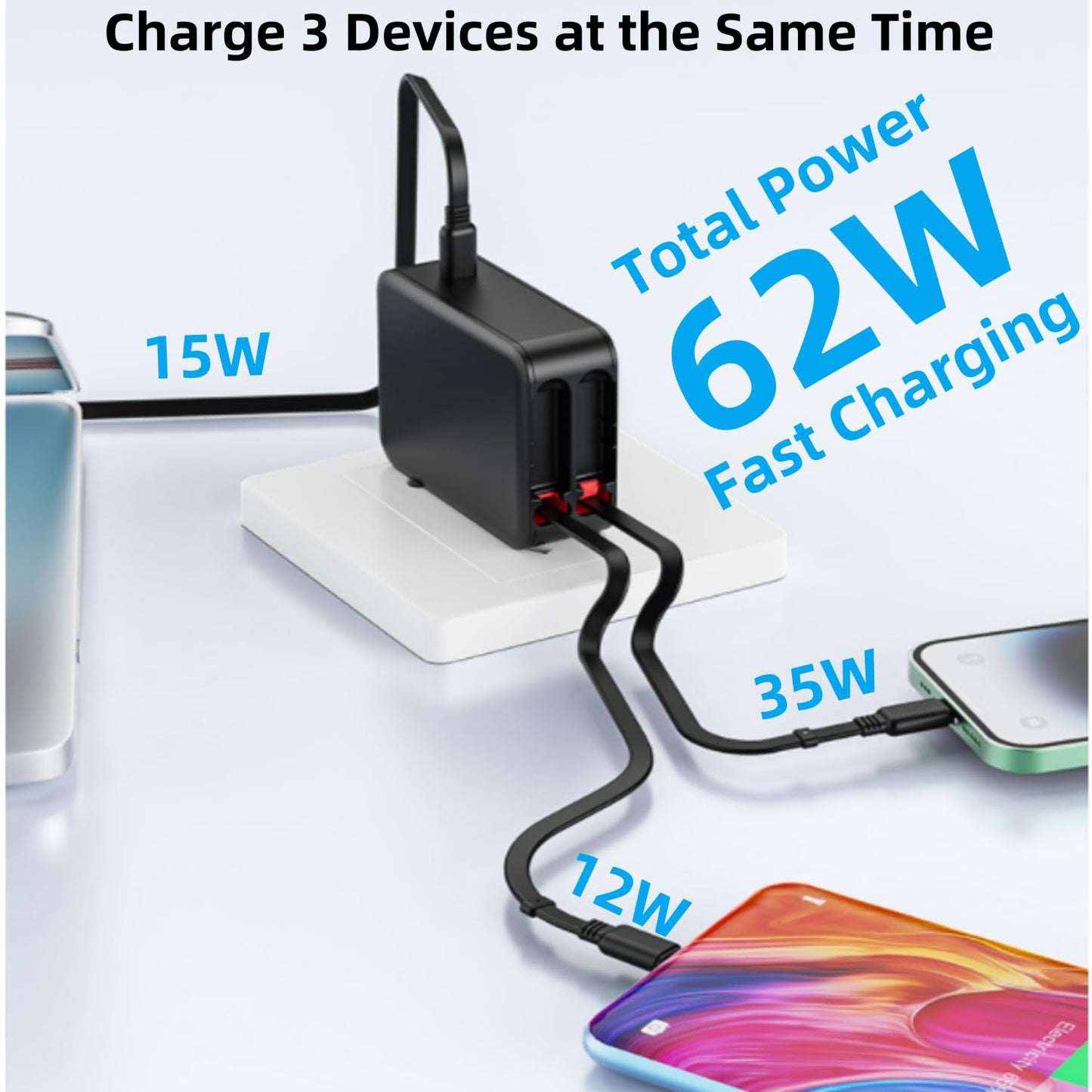 Retractable Wall Charger with Dual Cables,3 in 1 PD 62W USB C Fast Charging with Foldable Plug for iPhone 16/15/14/13/12/11 Series, Pad, LG, Samsung
