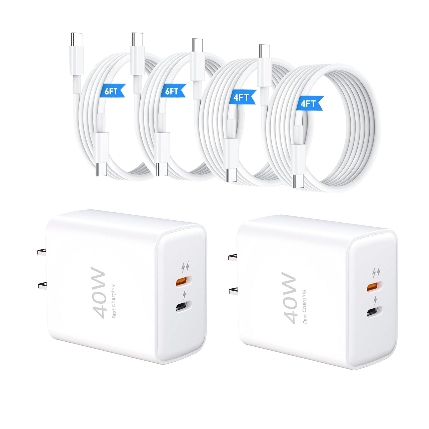 40W Dual-Port USB-C Fast Charger Bundle (Includes 4-Foot and 6-Foot Cables), High-Power Rapid Charger for iPhone 17/16/15 Pro Max, iPad, and Samsung
