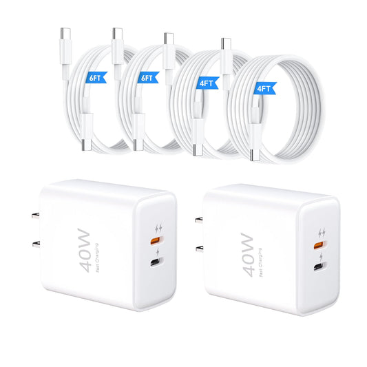 40W Dual-Port USB-C Fast Charger Bundle (Includes 4-Foot and 6-Foot Cables), High-Power Rapid Charger for iPhone 17/16/15 Pro Max, iPad, and Samsung