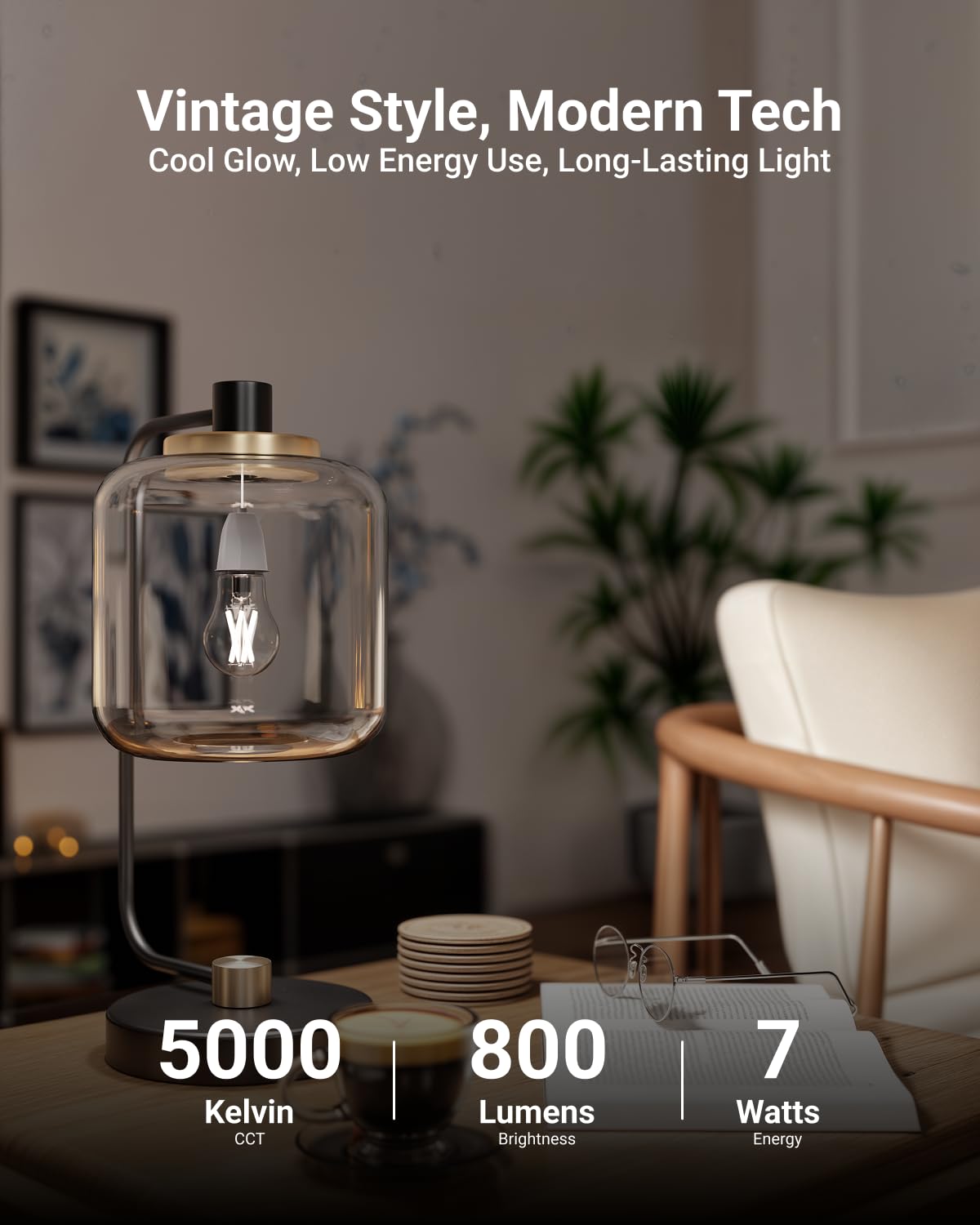 Sunco A15 Filament LED Light Bulbs, E26, 7W=60W, Dimmable, 5000K, 6 Pack