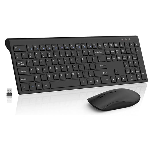 Wireless Keyboard and Mouse Combo, Silent Full-Size Computer Keyboard with Calculator Button, 2400 DPI Mice, Quiet Click, Slim Cordless USB Set