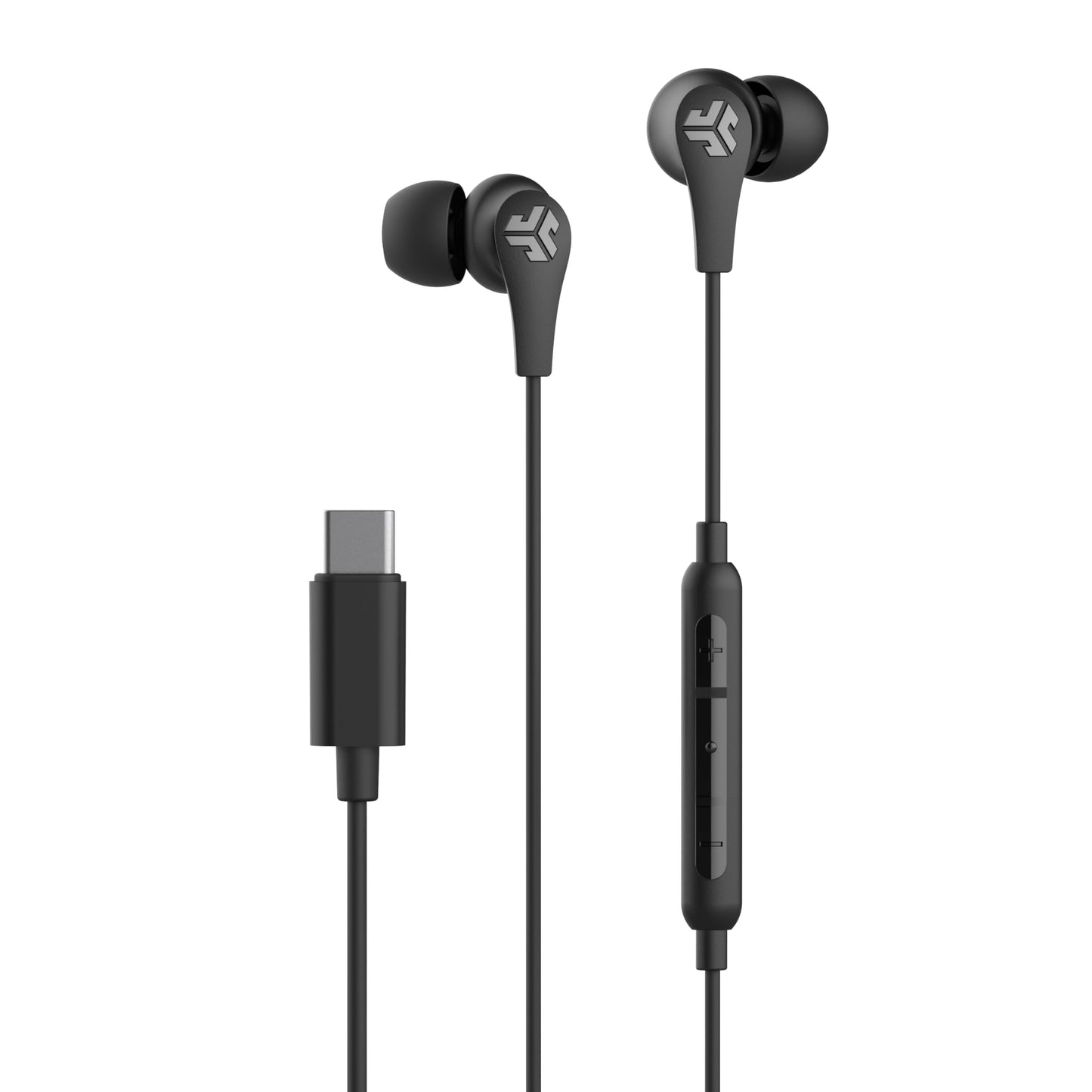 JLab JBuds Pro Signature Wired Earbuds, USB-C Connection, Music Controls, Universal Mic, Custom Fit with Cush Fins, Black