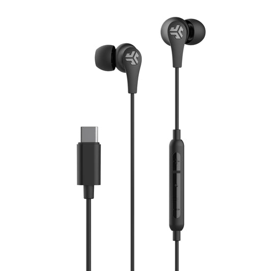 JLab JBuds Pro Signature Wired Earbuds, USB-C Connection, Music Controls, Universal Mic, Custom Fit with Cush Fins, Black