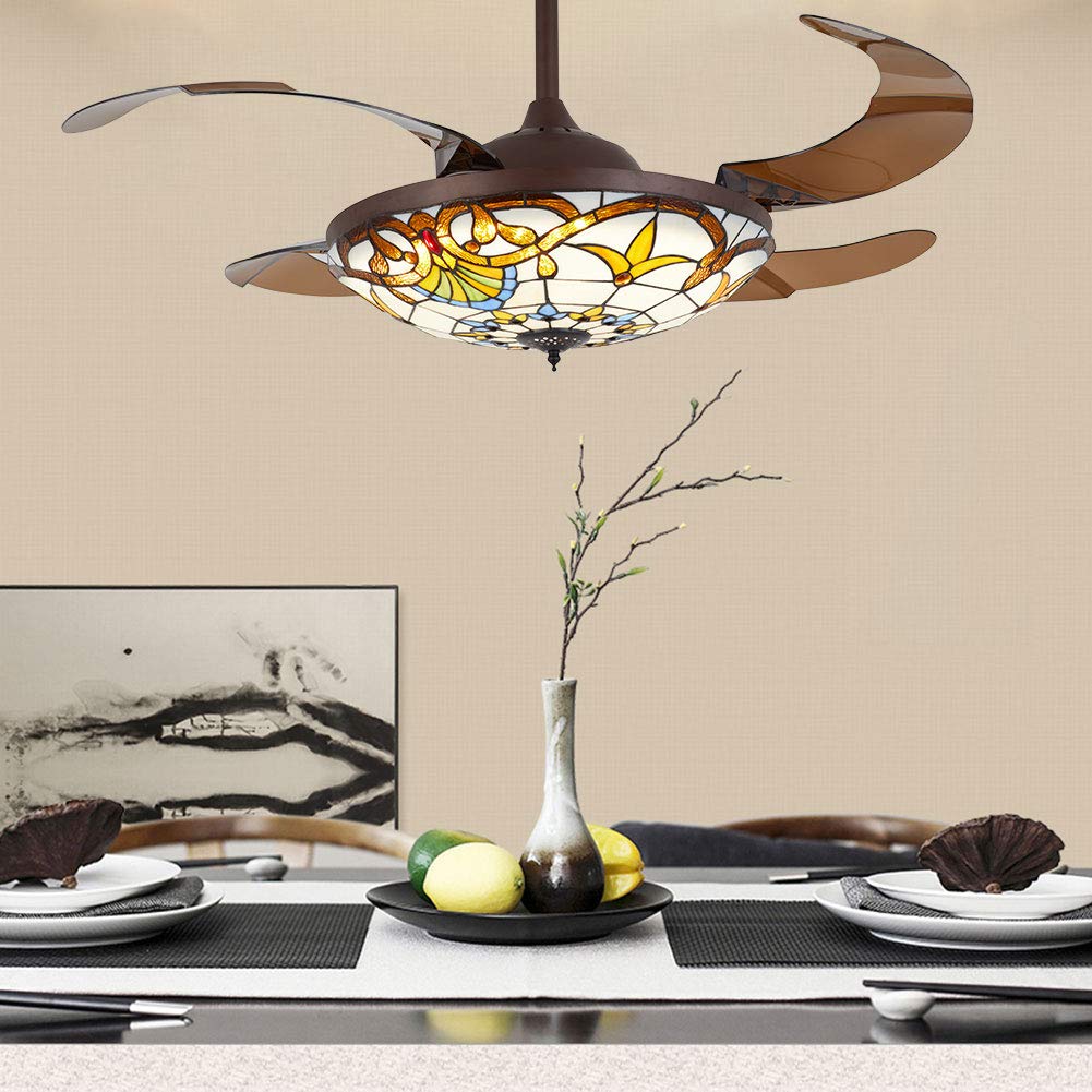 YIYIBYUS 42 Inch Tiffany Style Fan Chandelier Light with Controller,Led Crystal 3 Color Change Retractable Ceiling Fans Light Without Frequency