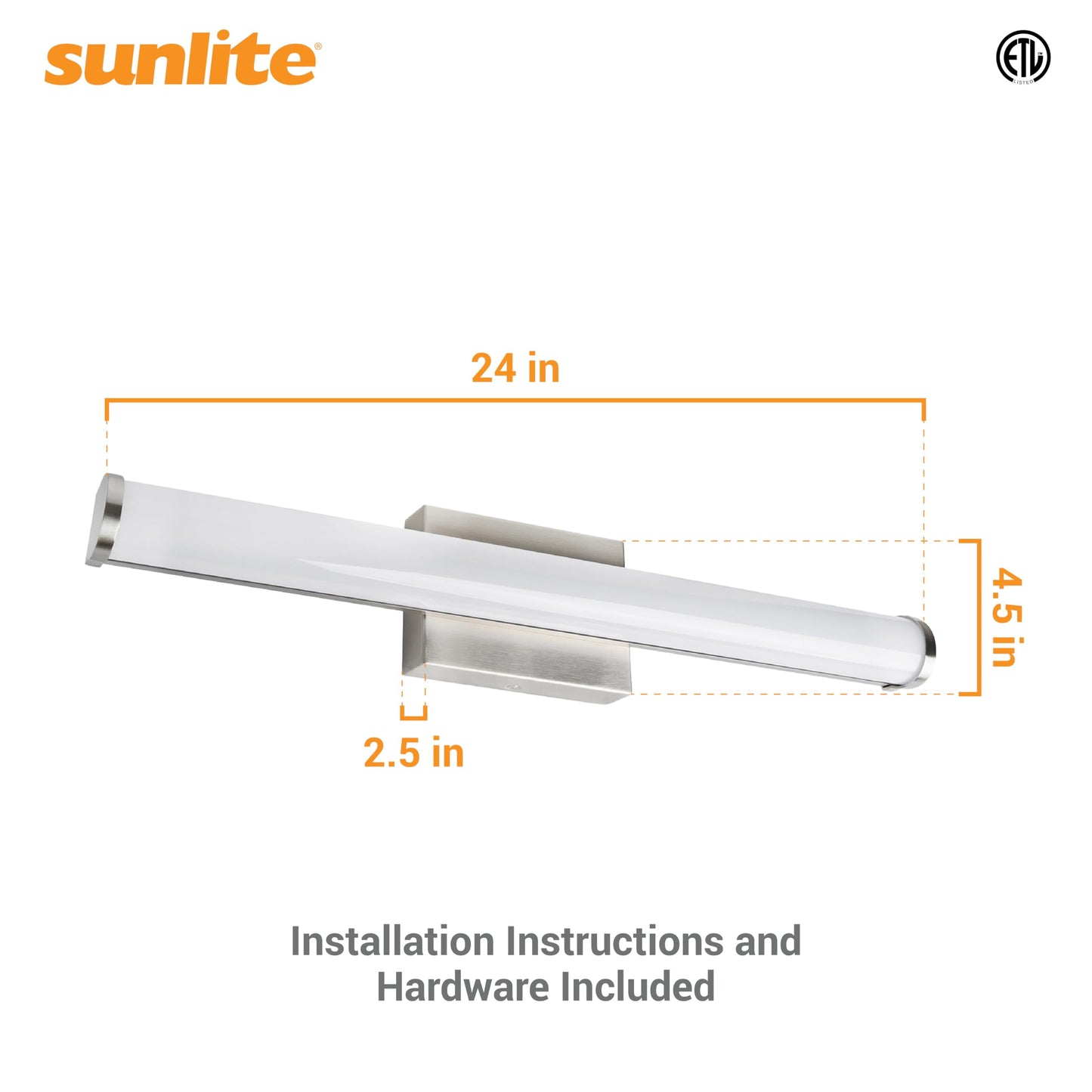 Sunlite 24-Inch LED Linear Bar Vanity Light Fixture, 25W (80W Equiv.), 1750 Lumens, Color Selectable 30K/40K/50K, 100-277V, Dimmable, 50,000 Hour