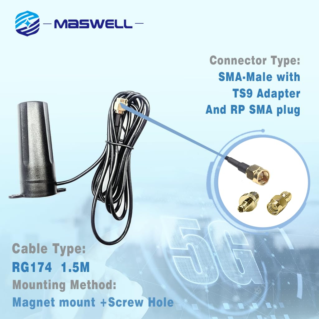 Maswell Cellular Antenna 600-6000 MHz 5G 4G WiFi6 Magnet and Screw Mount Cost Effective for IoT and Vending Machines TS9 SMA Male RP SMA Plug Outdoor