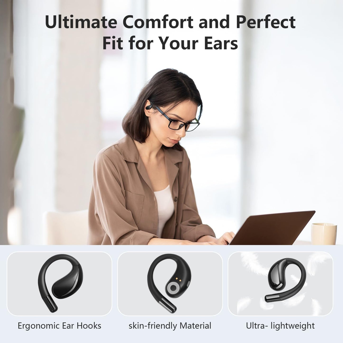 Psadhi Open Ear Clip Wireless Earbuds Bone Conduction Headphones, Bluetooth 5.4, Open Ear Design for Running Fitness,Office，Built-in Mic, IPX7…