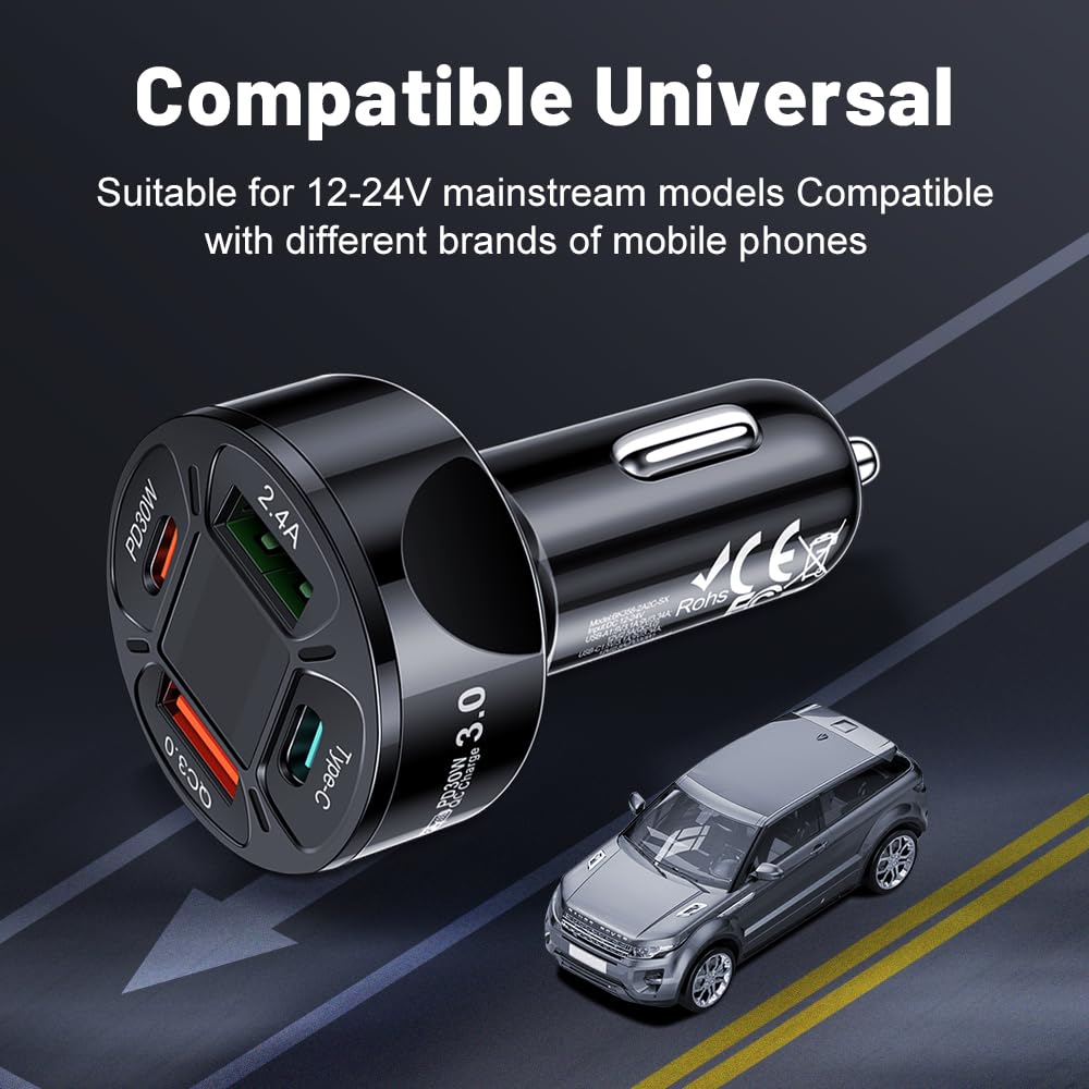 Alanph Multi Port USB C Car Phone Charger Adapter with Voltmeter, 4 in 1 100W Fast Charging Cigarette Lighter USB Charge for iPhone 16 15 14 13 12 11