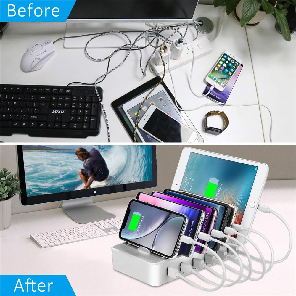 Charging Station for Multiple Devices,50W 6 USB Ports Family Charger Compatible with Apple iPhone iPad and Android Phone and Tablet