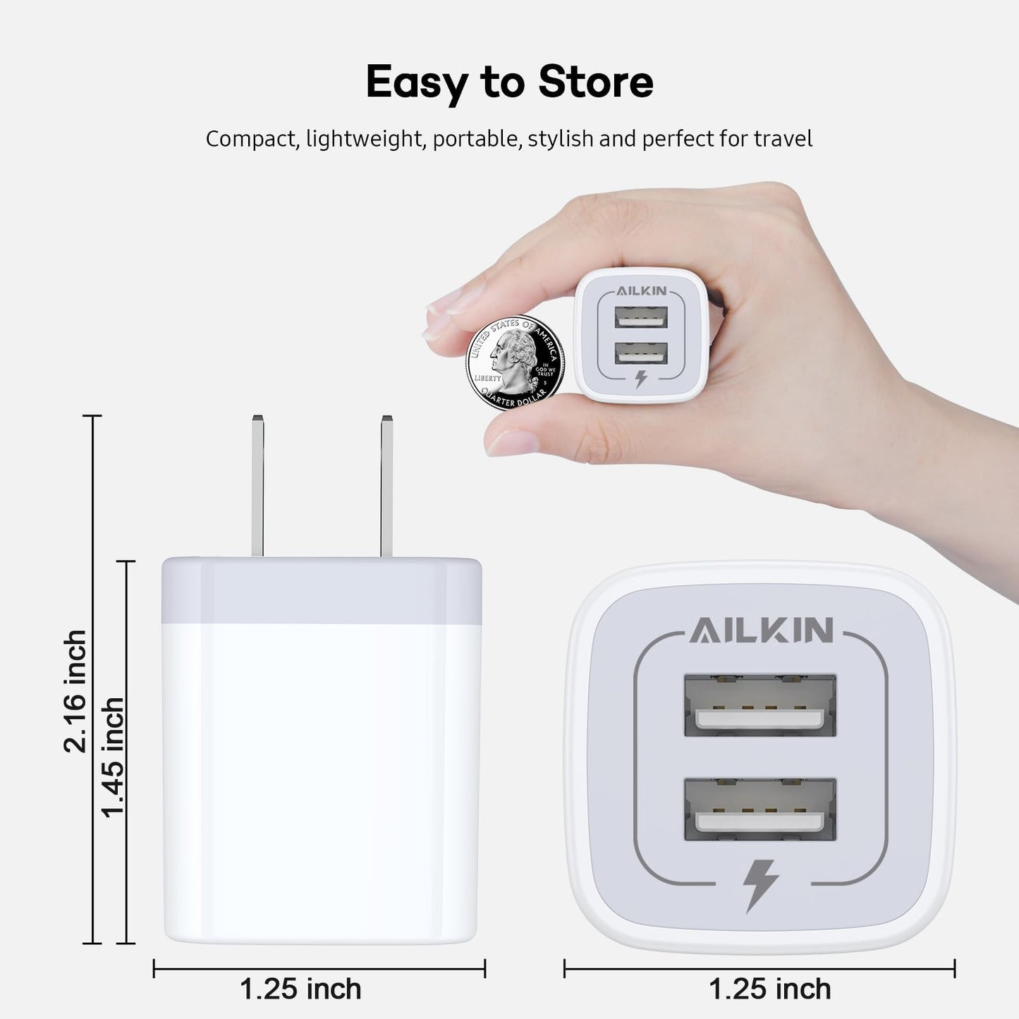 USB Wall Charger, Charger Adapter, AILKIN 2-Pack 2.1A Dual Port Quick Plug Cube for iPhone 15 14 13 12 11 Pro Max 10 SE X XS Plus Samsung Galaxy S23