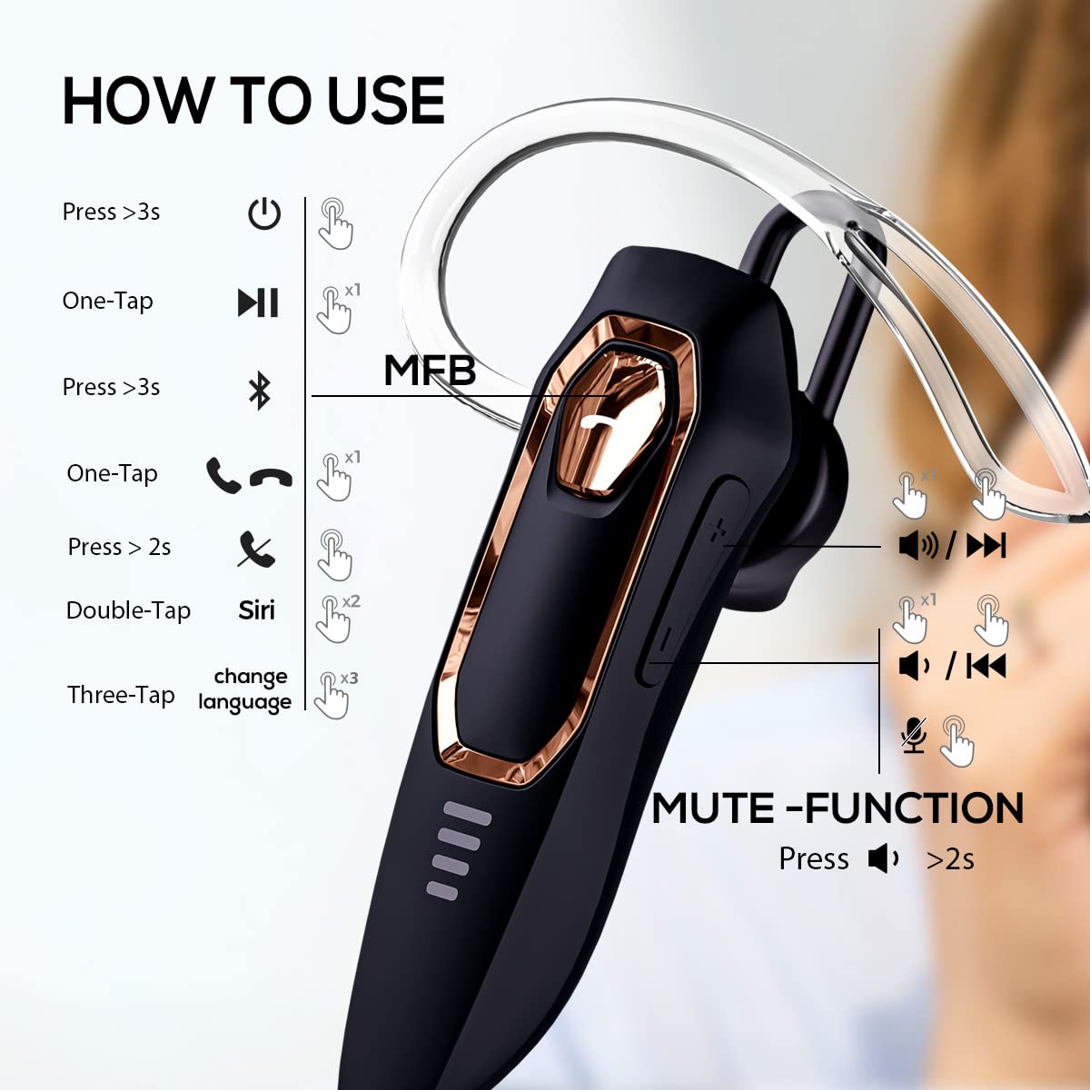 Micool DY20PLUS Bluetooth 5.4 Headset, Single Ear Wireless, Noise Cancelling, 36H Talk Time, Black-Gold Frame