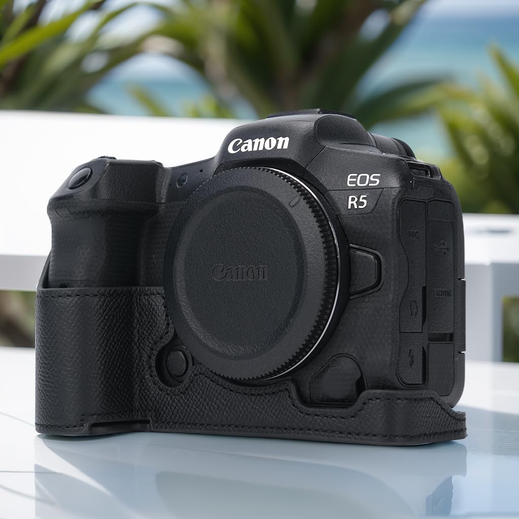 for Canon EOS R5 Camera Case,Handmade Genuine Real Leather Half Camera Case Bag Cover for Canon EOS R5 Camera Bottom Opening Version + Hand Strap