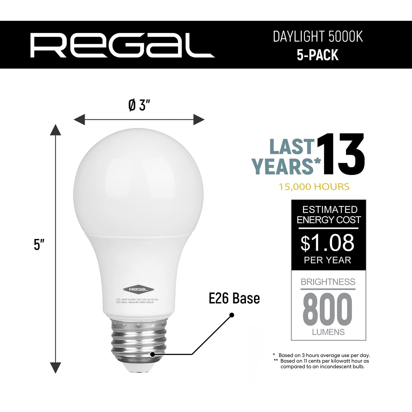 Regal LED A19 Light Bulb 5000K Daylight 800-Lumen, 9-Watt (60-Watt Equivalent), E26 Base, 5000 Kelvin, Day Light, 5-Pack, Non-Dimmable