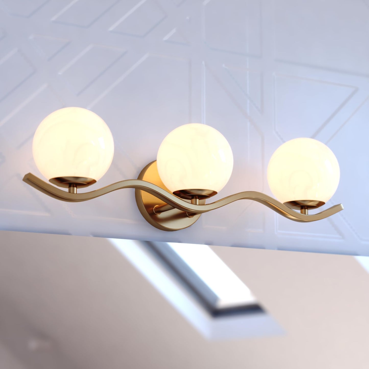 VAXCEL Monticello 3-Light 22 in. Wide Muted Brass Gold Bathroom Vanity Lighting Fixture, White Alabaster Glass Globe Shade, Dimmable, Reversible Over