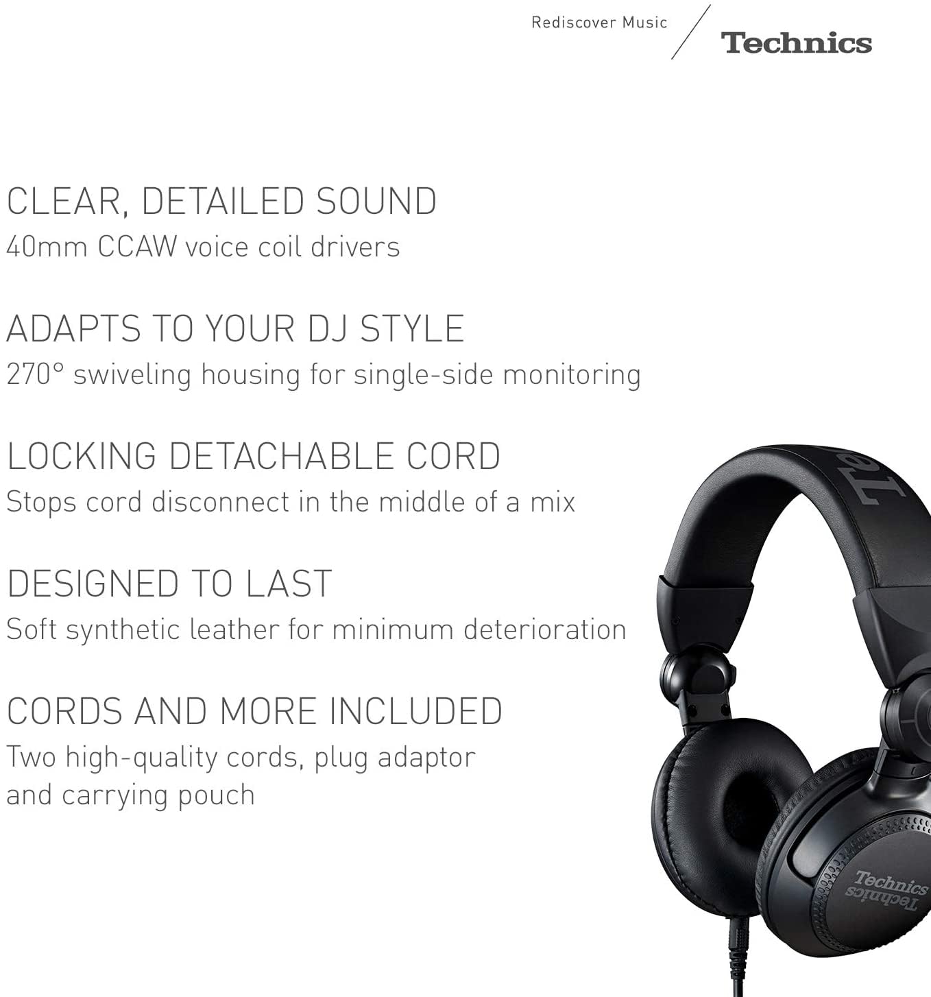 Technics Professional DJ Headphones with 40mm CCAW Voice Coil Drivers, 270° Swivel Housing and Locking Detachable Cord; Lightweight, Foldable High…