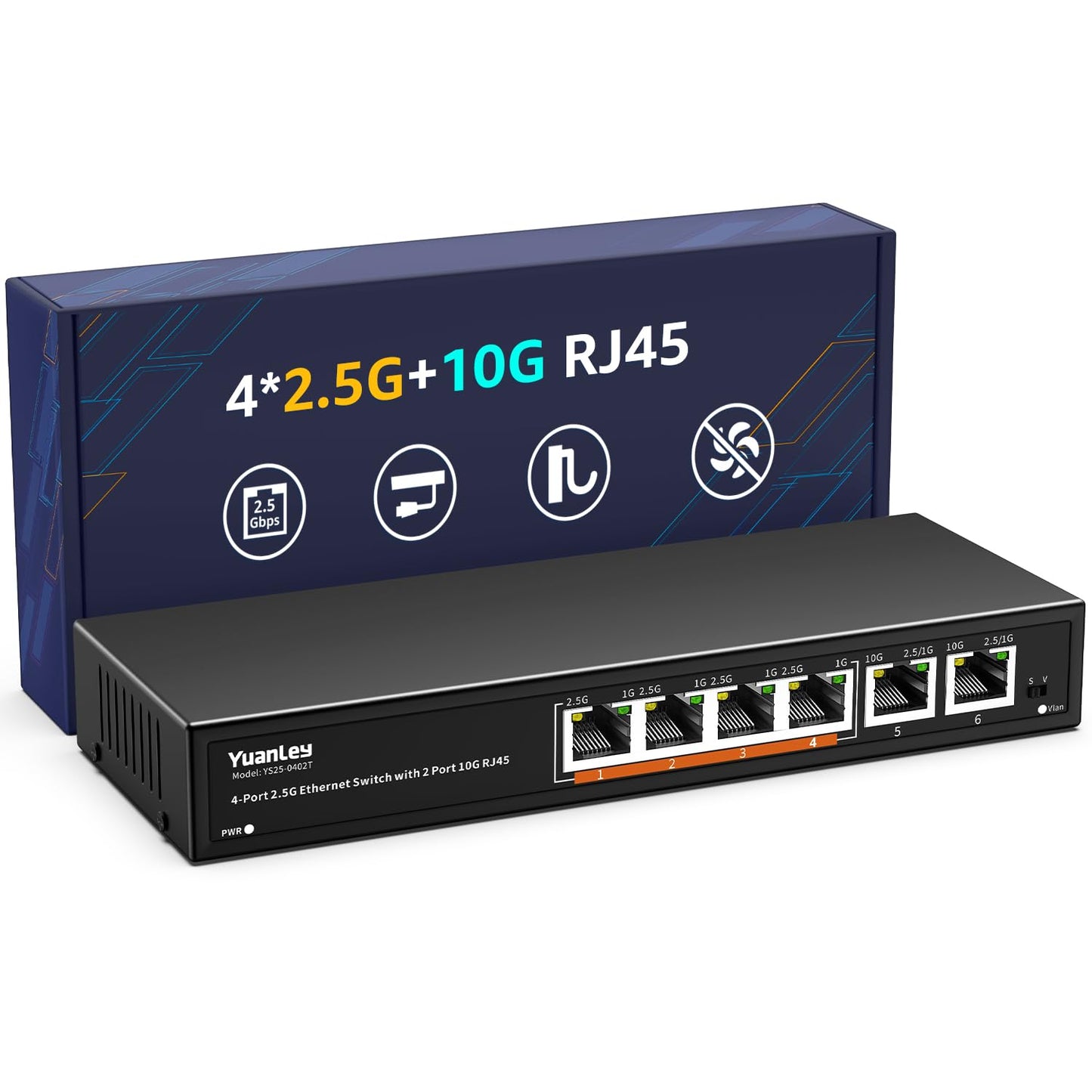 10Gb Ethernet Switch Unmanaged with 2 x 10Gbe RJ45 Ports, 4 x 2.5G Base-T Ports, Plug and Play, VLAN, Wall Mount, YuanLey 6-Port 10 Gigabit Network