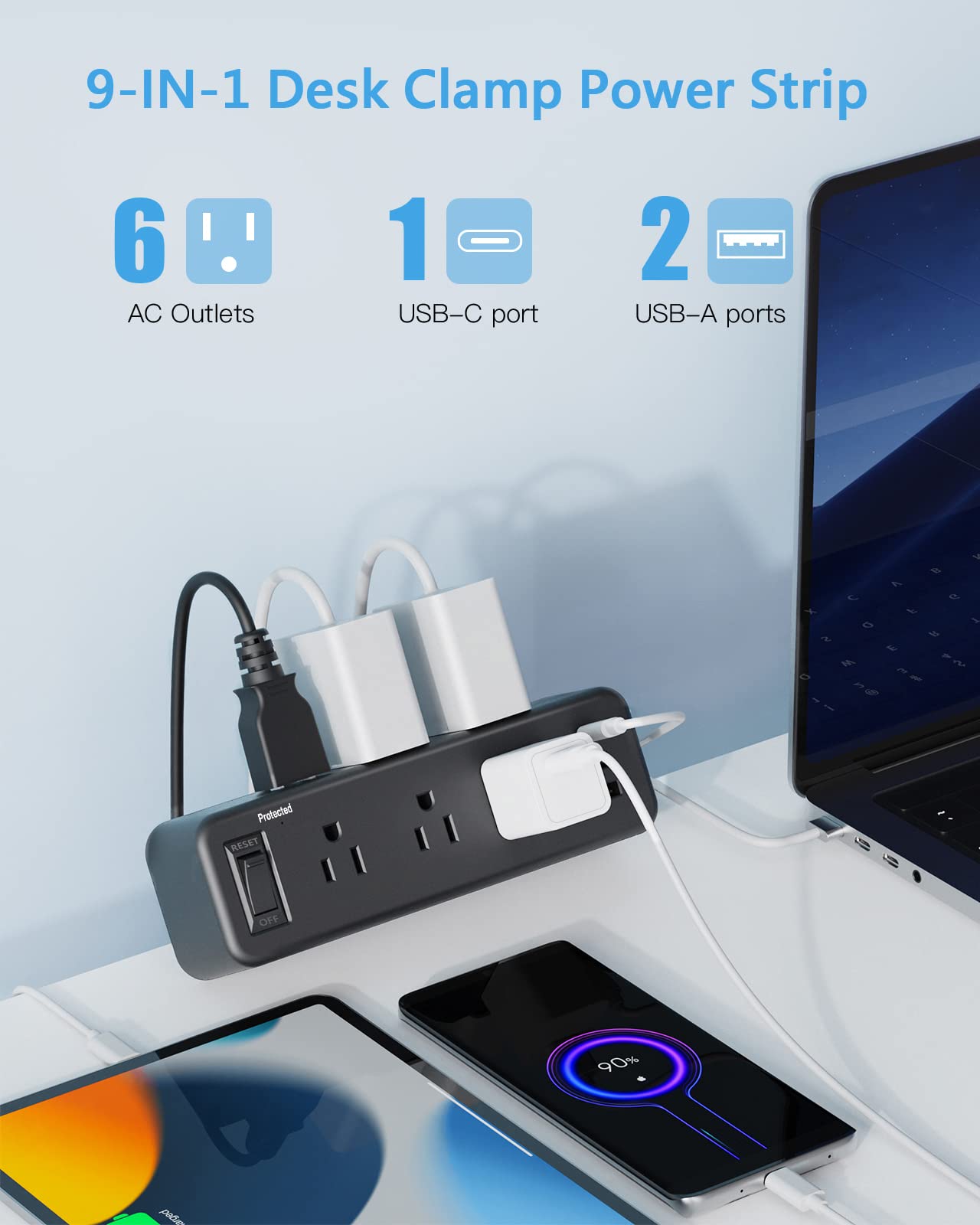 6 Outlet Desk Clamp Power Strip with USB C, Flat Plug Surge Protector, Desktop Edge Mount for 1.8 inch Tabletop Thick, Connect 6 ft Extension Cord