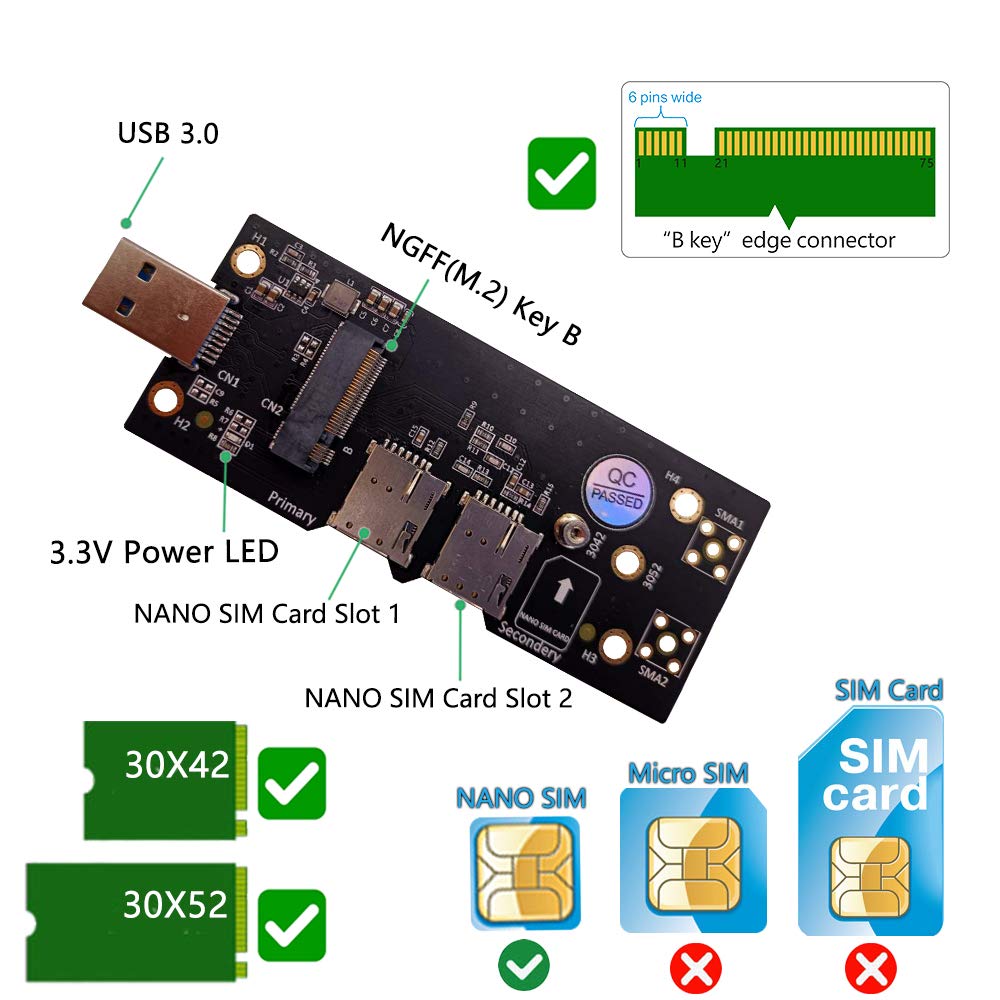 NGFF(M.2) to USB 3.0 Adapter with Dual Nano SIM Card Slot for 3G/4G/5G Module