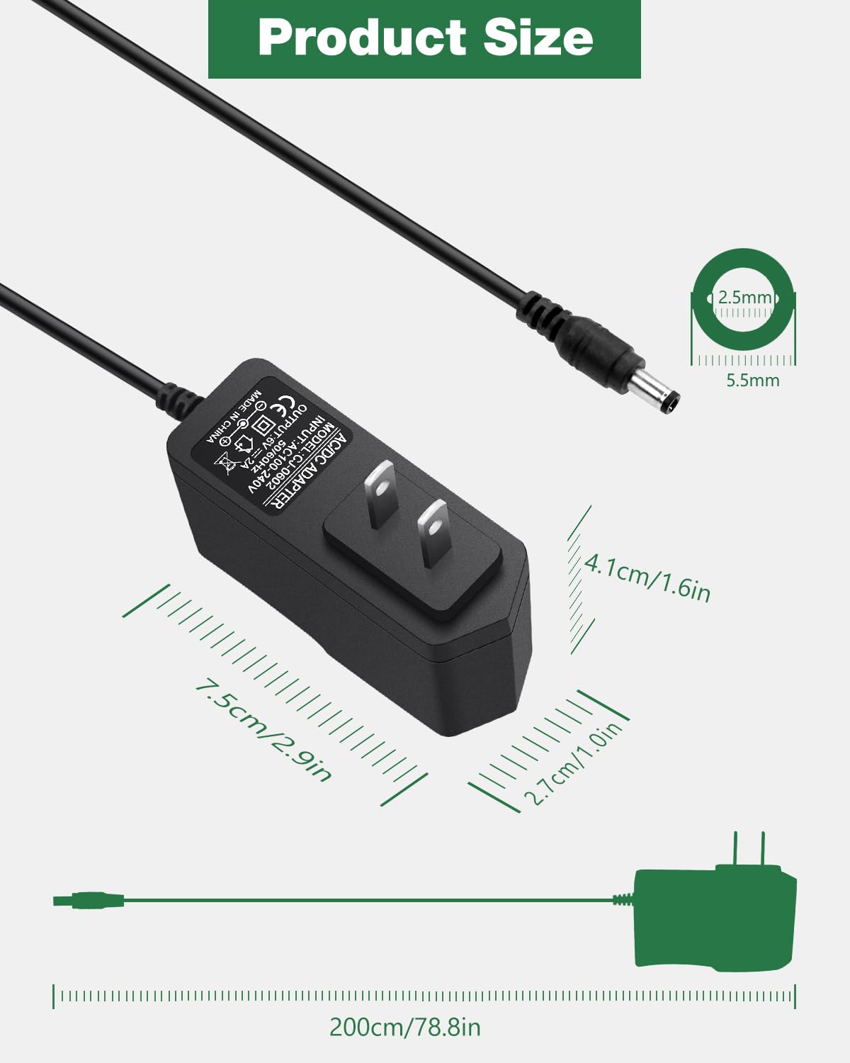 6V 2A DC Power Supply, 100-240V AC to DC 6 Volt 2Amp 1.5A 1A 0.8A 500mA 400mA Power Adapter Cord 5.5mm x 2.5mm 2.1mm Barrel Plug