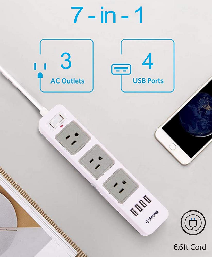2 Prong Power Strip with USB, 2 Prong to 3 Prong Outlet Adapter with 4 USB Ports 6.6ft Extension Cord, 3 AC Outlets Flat Plug Surge Protector