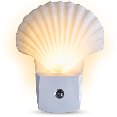 Nautical Crush Trading Seashell Night Light - Auto Beach Night Light with White Clam - Shell Light for Bathroom - Sea Shell Lamp - Seashell Lamp Plug