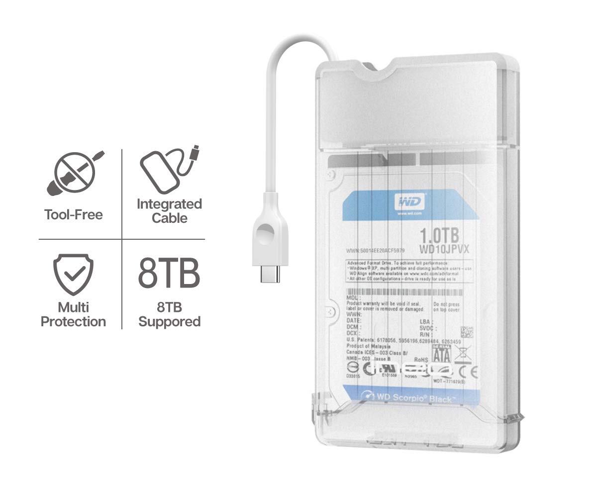 ineo 2.5 inch USB 3.0 Tool-Less External Hard Drive Enclosure for 9.5mm & 7mm SATA HDD SSD with UASP Supported - [T2573] (USB 3.1 Type C - White)