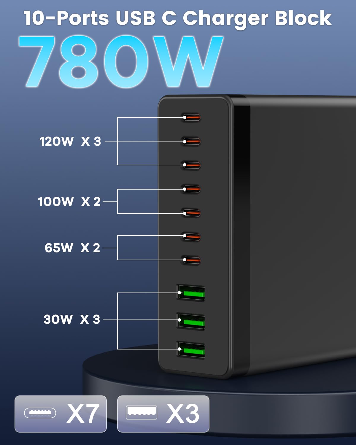 USB C Charger Block, 780W 10 Port Charging Station USB Charger Block Double 120W Gan Laptop Fast Charging Compatible with MacBook Air/Pro, iPhone