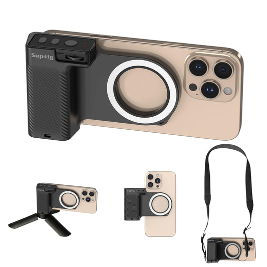 Suptig Fun Shot Magnetic Phone Camera DSLR Style Shutter Grip Compatible for iPhone & Android with Detachable Wireless Shutter Button, Features a