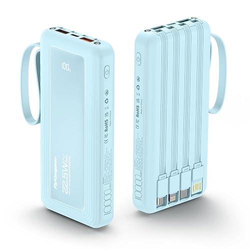FlyKangaroo Portable Charger with Built in Cables, Slim 10000mAh Fast Charging 22.5W Power Bank USB C LED Display Battery Pack 6 Outputs & 2 Inputs