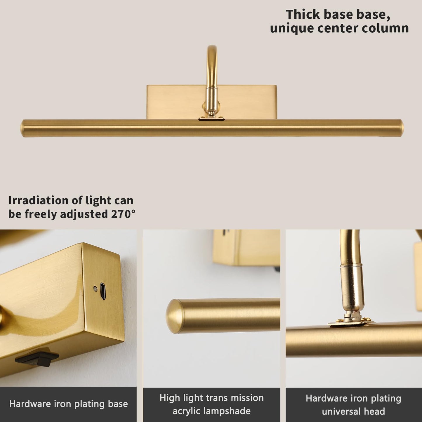 MKBNG Picture Light for Wall, 5000mAh Rechargeable Wireless Remote Lights, Dimmable Gold LED Art Painting Light with 3 Color Temps, Display