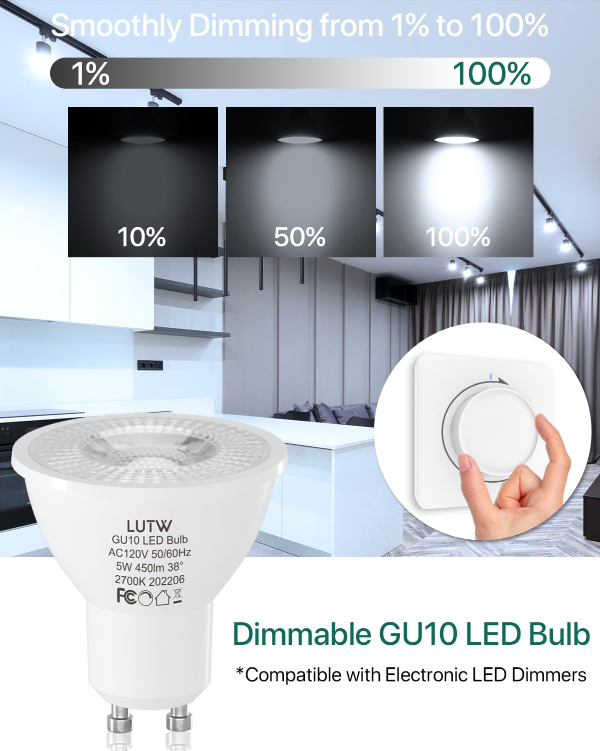 LUTW MR16 Dimmable LED Spot Bulbs, 38° 40W 6000K Cool White, 6 Pack