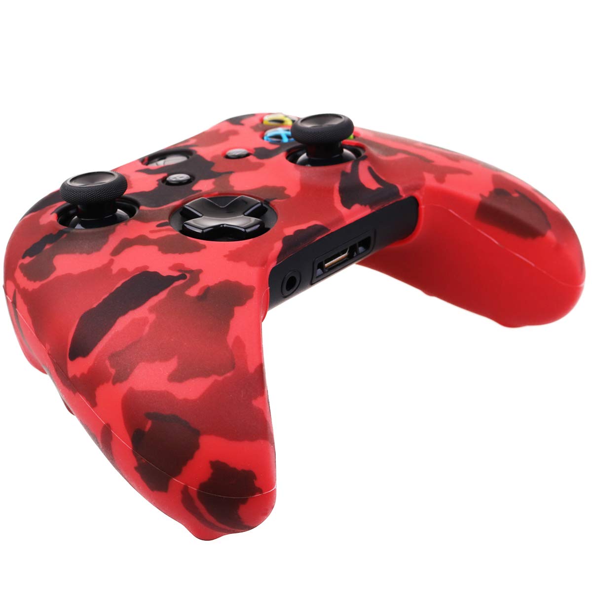 YoRHa Water Transfer Printing Camouflage Silicone Cover Skin Case for Microsoft Xbox One X & Xbox One S Controller x 2(red&Blue) with PRO Thumb Grips