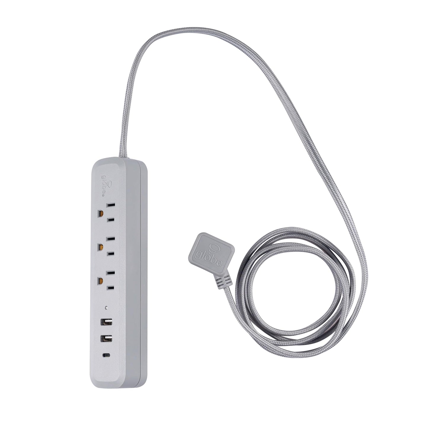 Globe Electric Designer Series 6-ft 3-Outlet USB Surge Protector Power Strip, 2X USB-A Ports, 1x USB-C Port, Right Angle Plug, Gray, 78551