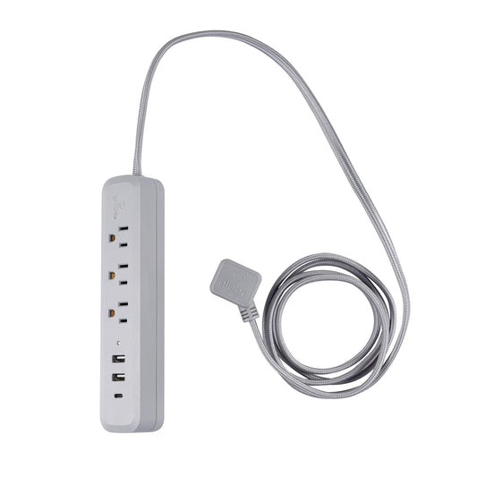 Globe Electric Designer Series 6-ft 3-Outlet USB Surge Protector Power Strip, 2X USB-A Ports, 1x USB-C Port, Right Angle Plug, Gray, 78551