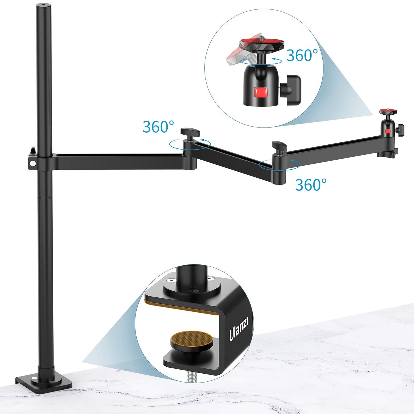 ULANZI Camera Desk Mount Stand with Flexible Arm, Overhead Mount, Articulated Arm with 360° Rotatable Ball Head, Aluminum Desk Mounting Stand for Ring